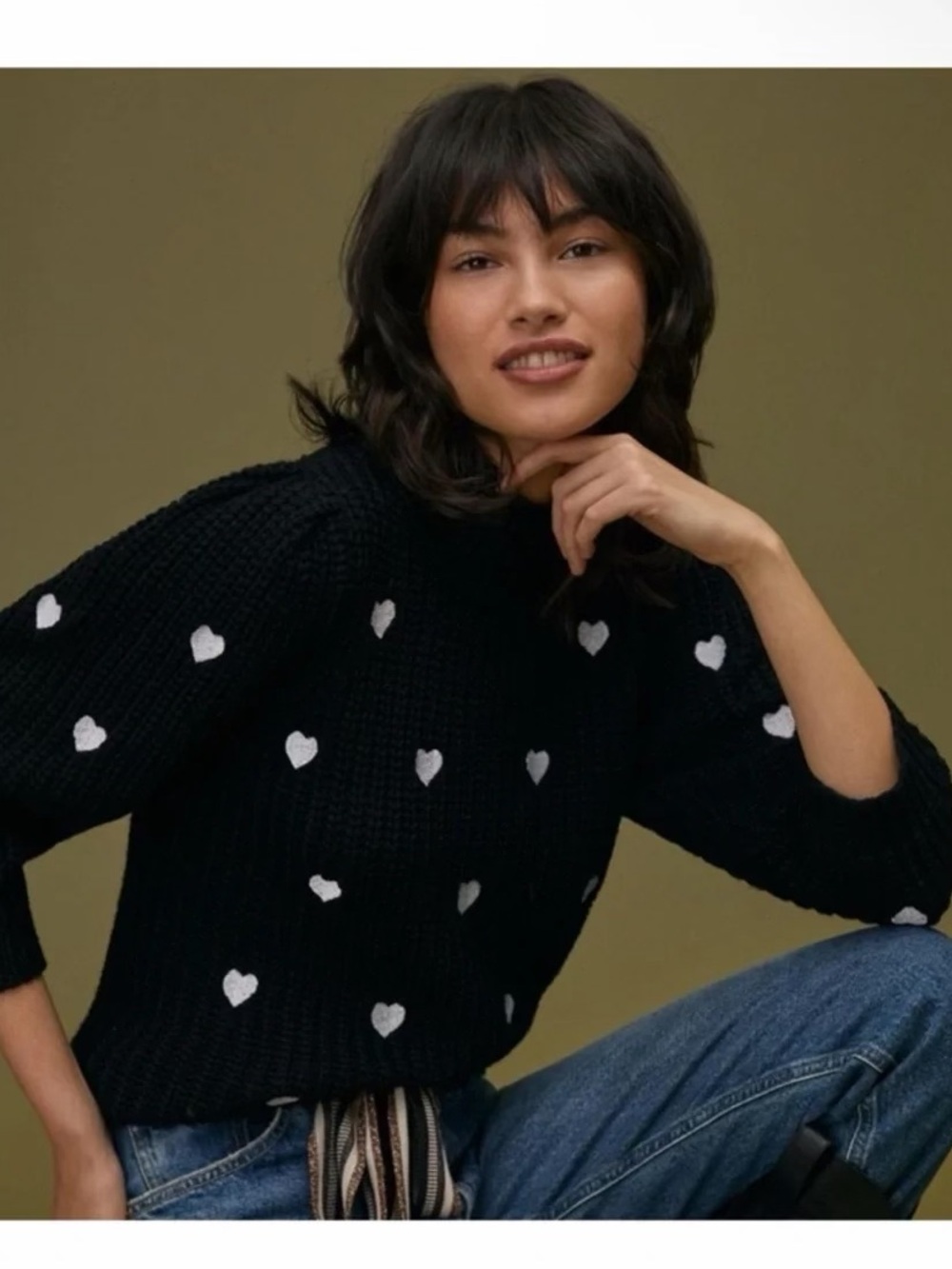Anthropologie Black Heart Embroidered Mockneck Sweater Size XS Cozy Comfy
